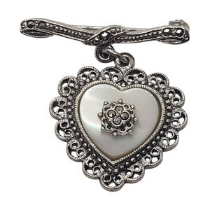 Vintage Silver Marcasite Heart Brooch Mother of Pearl Filigree Floral
